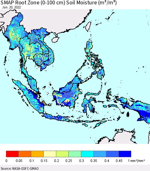 South East Asia SMAP Root Zone (0-100 cm) Soil Moisture (m³/m³) Thematic Map For 6/16/2022 - 6/20/2022