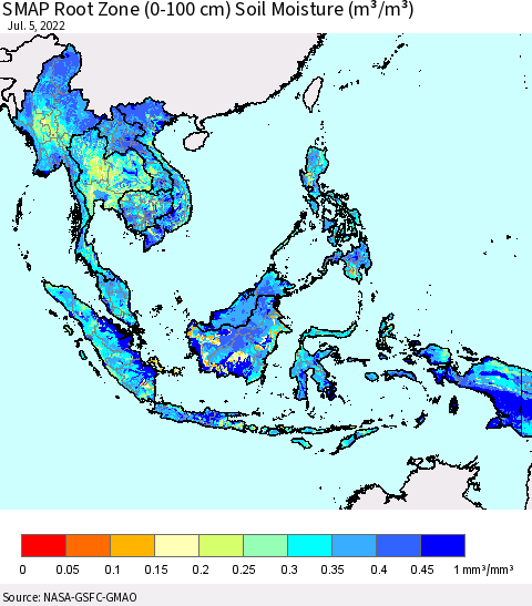South East Asia SMAP Root Zone (0-100 cm) Soil Moisture (m³/m³) Thematic Map For 7/1/2022 - 7/5/2022