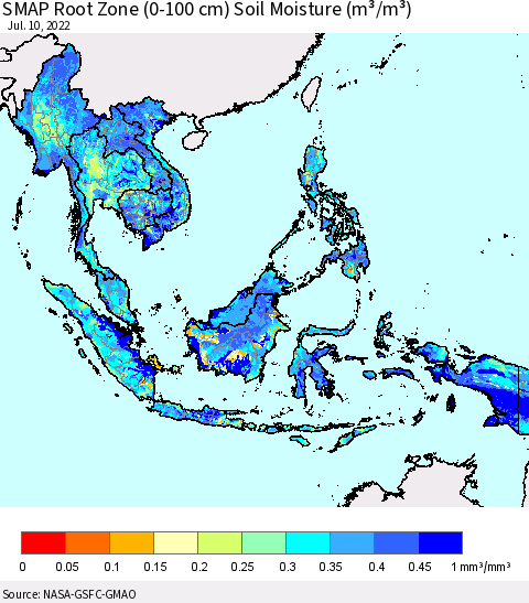 South East Asia SMAP Root Zone (0-100 cm) Soil Moisture (m³/m³) Thematic Map For 7/6/2022 - 7/10/2022