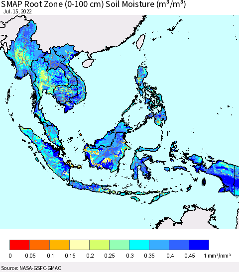 South East Asia SMAP Root Zone (0-100 cm) Soil Moisture (m³/m³) Thematic Map For 7/11/2022 - 7/15/2022
