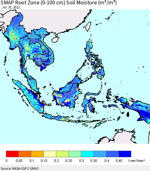 South East Asia SMAP Root Zone (0-100 cm) Soil Moisture (m³/m³) Thematic Map For 7/26/2022 - 7/31/2022