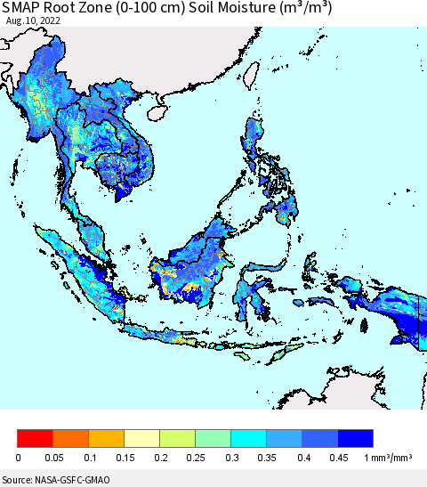 South East Asia SMAP Root Zone (0-100 cm) Soil Moisture (m³/m³) Thematic Map For 8/6/2022 - 8/10/2022