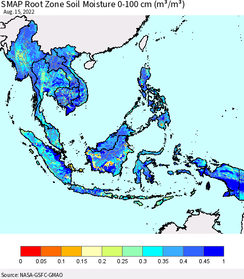 South East Asia SMAP Root Zone (0-100 cm) Soil Moisture (m³/m³) Thematic Map For 8/11/2022 - 8/15/2022