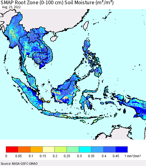 South East Asia SMAP Root Zone (0-100 cm) Soil Moisture (m³/m³) Thematic Map For 8/21/2022 - 8/25/2022