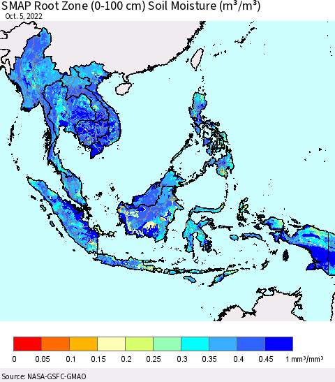 South East Asia SMAP Root Zone (0-100 cm) Soil Moisture (m³/m³) Thematic Map For 10/1/2022 - 10/5/2022