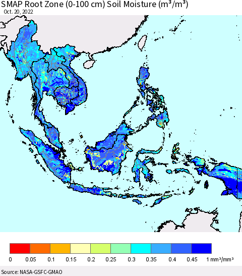 South East Asia SMAP Root Zone (0-100 cm) Soil Moisture (m³/m³) Thematic Map For 10/16/2022 - 10/20/2022