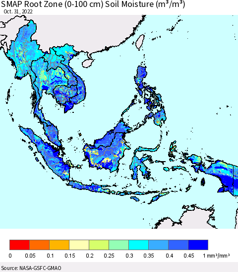 South East Asia SMAP Root Zone (0-100 cm) Soil Moisture (m³/m³) Thematic Map For 10/26/2022 - 10/31/2022