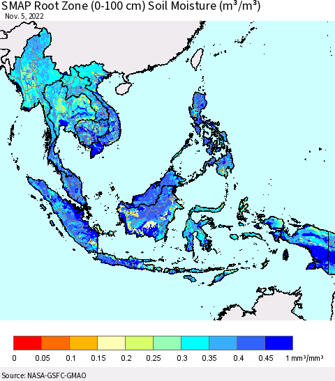 South East Asia SMAP Root Zone (0-100 cm) Soil Moisture (m³/m³) Thematic Map For 11/1/2022 - 11/5/2022