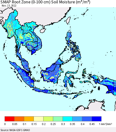South East Asia SMAP Root Zone (0-100 cm) Soil Moisture (m³/m³) Thematic Map For 11/11/2022 - 11/15/2022