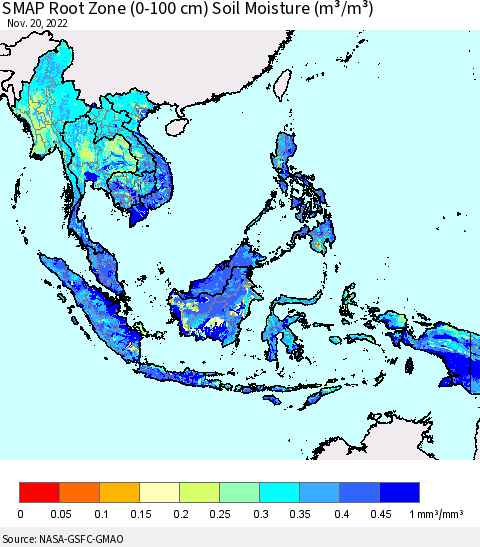 South East Asia SMAP Root Zone (0-100 cm) Soil Moisture (m³/m³) Thematic Map For 11/16/2022 - 11/20/2022