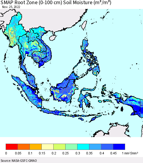 South East Asia SMAP Root Zone (0-100 cm) Soil Moisture (m³/m³) Thematic Map For 11/21/2022 - 11/25/2022