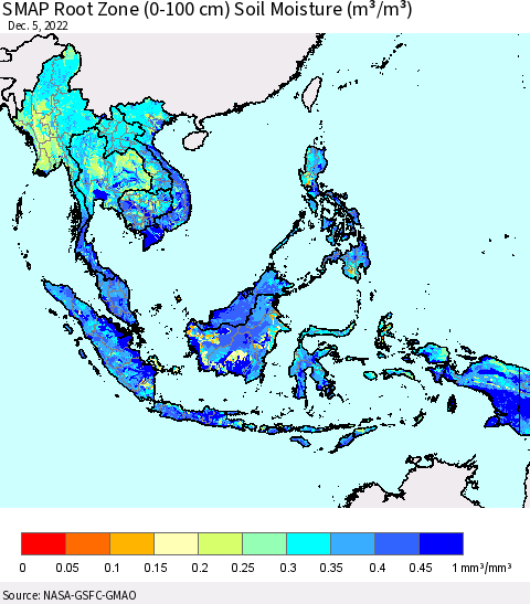 South East Asia SMAP Root Zone (0-100 cm) Soil Moisture (m³/m³) Thematic Map For 12/1/2022 - 12/5/2022