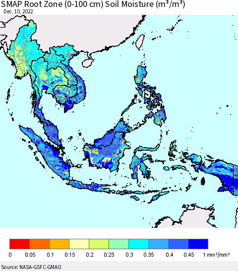 South East Asia SMAP Root Zone (0-100 cm) Soil Moisture (m³/m³) Thematic Map For 12/6/2022 - 12/10/2022