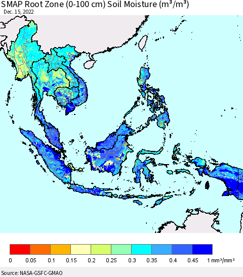 South East Asia SMAP Root Zone (0-100 cm) Soil Moisture (m³/m³) Thematic Map For 12/11/2022 - 12/15/2022