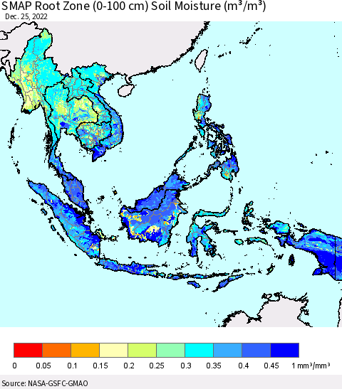 South East Asia SMAP Root Zone (0-100 cm) Soil Moisture (m³/m³) Thematic Map For 12/21/2022 - 12/25/2022