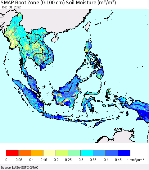 South East Asia SMAP Root Zone (0-100 cm) Soil Moisture (m³/m³) Thematic Map For 12/26/2022 - 12/31/2022