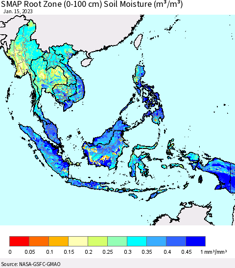 South East Asia SMAP Root Zone (0-100 cm) Soil Moisture (m³/m³) Thematic Map For 1/11/2023 - 1/15/2023
