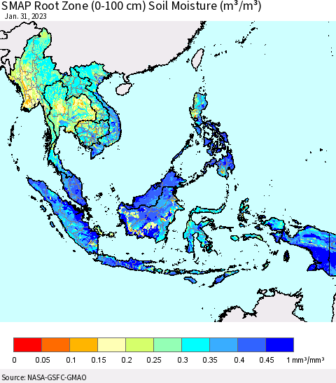 South East Asia SMAP Root Zone (0-100 cm) Soil Moisture (m³/m³) Thematic Map For 1/26/2023 - 1/31/2023