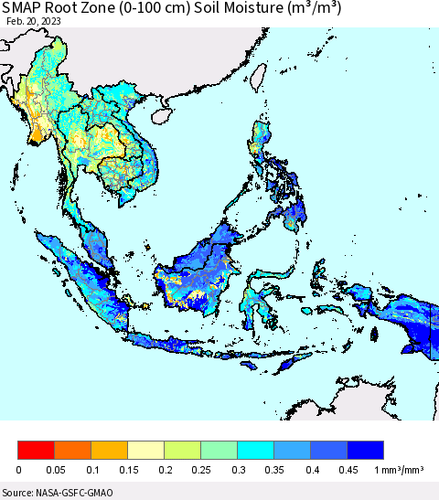 South East Asia SMAP Root Zone (0-100 cm) Soil Moisture (m³/m³) Thematic Map For 2/16/2023 - 2/20/2023