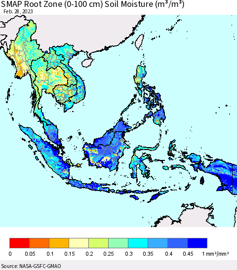 South East Asia SMAP Root Zone (0-100 cm) Soil Moisture (m³/m³) Thematic Map For 2/26/2023 - 2/28/2023