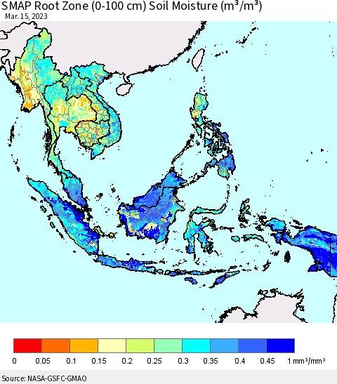 South East Asia SMAP Root Zone (0-100 cm) Soil Moisture (m³/m³) Thematic Map For 3/11/2023 - 3/15/2023