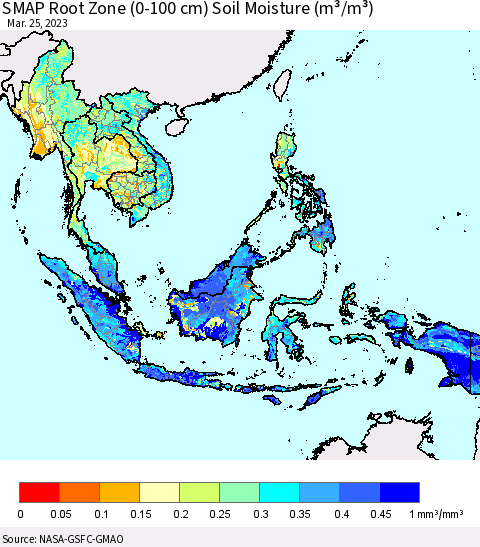South East Asia SMAP Root Zone (0-100 cm) Soil Moisture (m³/m³) Thematic Map For 3/21/2023 - 3/25/2023