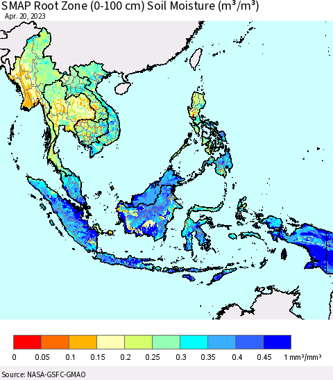 South East Asia SMAP Root Zone (0-100 cm) Soil Moisture (m³/m³) Thematic Map For 4/16/2023 - 4/20/2023