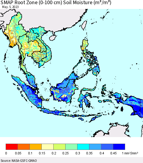 South East Asia SMAP Root Zone (0-100 cm) Soil Moisture (m³/m³) Thematic Map For 5/1/2023 - 5/5/2023