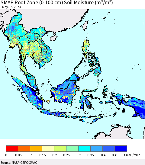 South East Asia SMAP Root Zone (0-100 cm) Soil Moisture (m³/m³) Thematic Map For 5/11/2023 - 5/15/2023
