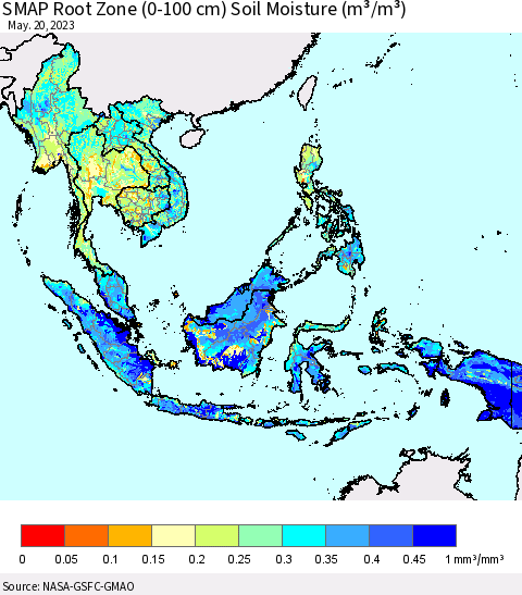 South East Asia SMAP Root Zone (0-100 cm) Soil Moisture (m³/m³) Thematic Map For 5/16/2023 - 5/20/2023