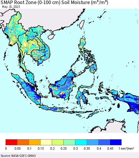 South East Asia SMAP Root Zone (0-100 cm) Soil Moisture (m³/m³) Thematic Map For 5/26/2023 - 5/31/2023