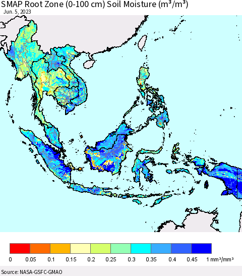 South East Asia SMAP Root Zone (0-100 cm) Soil Moisture (m³/m³) Thematic Map For 6/1/2023 - 6/5/2023