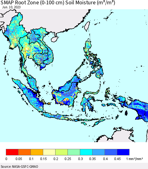 South East Asia SMAP Root Zone (0-100 cm) Soil Moisture (m³/m³) Thematic Map For 6/6/2023 - 6/10/2023