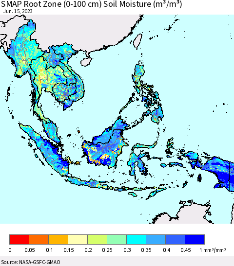 South East Asia SMAP Root Zone (0-100 cm) Soil Moisture (m³/m³) Thematic Map For 6/11/2023 - 6/15/2023