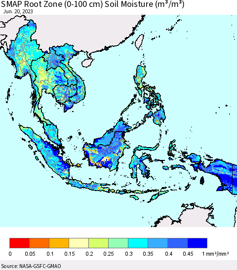 South East Asia SMAP Root Zone (0-100 cm) Soil Moisture (m³/m³) Thematic Map For 6/16/2023 - 6/20/2023