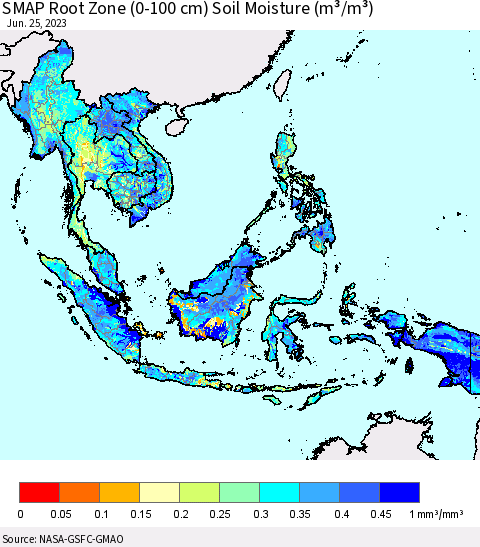 South East Asia SMAP Root Zone (0-100 cm) Soil Moisture (m³/m³) Thematic Map For 6/21/2023 - 6/25/2023