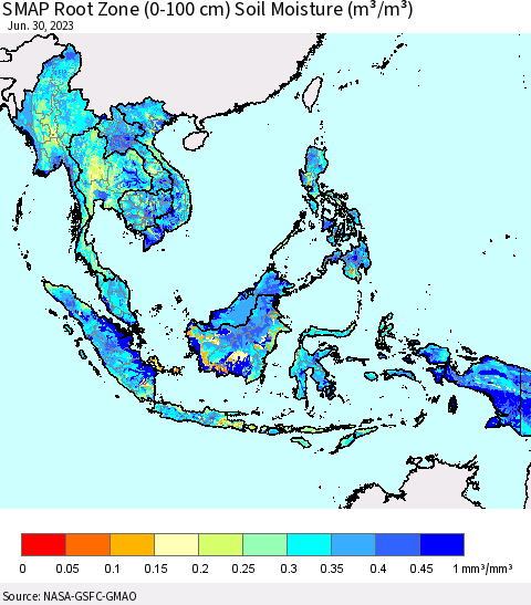 South East Asia SMAP Root Zone (0-100 cm) Soil Moisture (m³/m³) Thematic Map For 6/26/2023 - 6/30/2023