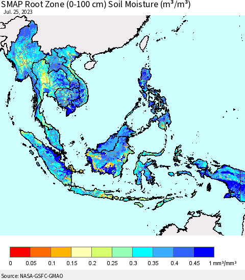 South East Asia SMAP Root Zone (0-100 cm) Soil Moisture (m³/m³) Thematic Map For 7/21/2023 - 7/25/2023