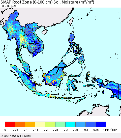 South East Asia SMAP Root Zone (0-100 cm) Soil Moisture (m³/m³) Thematic Map For 7/26/2023 - 7/31/2023