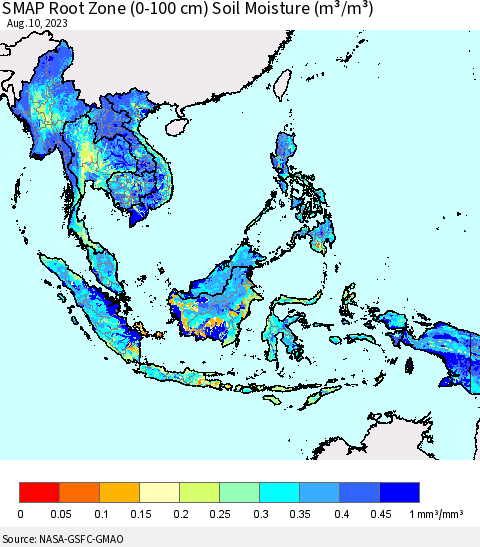 South East Asia SMAP Root Zone (0-100 cm) Soil Moisture (m³/m³) Thematic Map For 8/6/2023 - 8/10/2023