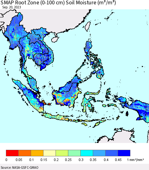 South East Asia SMAP Root Zone (0-100 cm) Soil Moisture (m³/m³) Thematic Map For 9/16/2023 - 9/20/2023