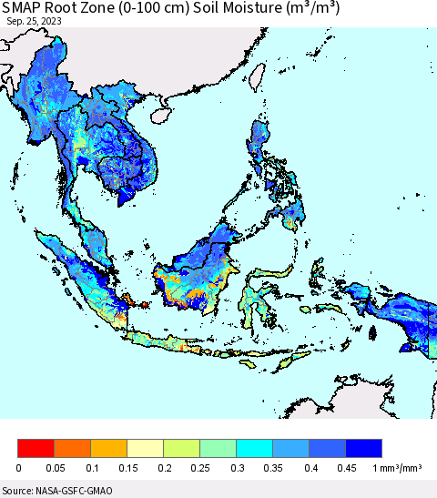 South East Asia SMAP Root Zone (0-100 cm) Soil Moisture (m³/m³) Thematic Map For 9/21/2023 - 9/25/2023