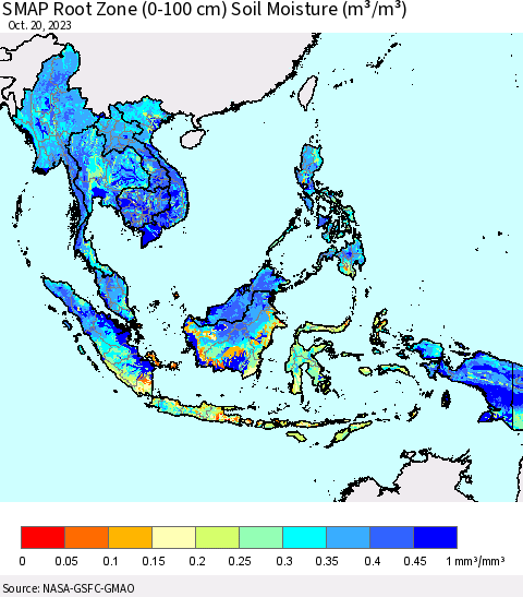 South East Asia SMAP Root Zone (0-100 cm) Soil Moisture (m³/m³) Thematic Map For 10/16/2023 - 10/20/2023