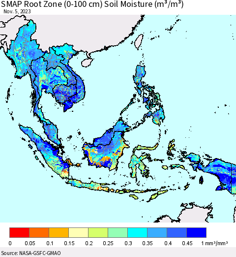 South East Asia SMAP Root Zone (0-100 cm) Soil Moisture (m³/m³) Thematic Map For 11/1/2023 - 11/5/2023