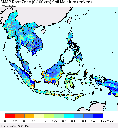 South East Asia SMAP Root Zone (0-100 cm) Soil Moisture (m³/m³) Thematic Map For 11/11/2023 - 11/15/2023
