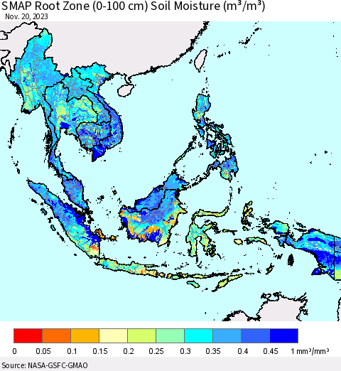 South East Asia SMAP Root Zone (0-100 cm) Soil Moisture (m³/m³) Thematic Map For 11/16/2023 - 11/20/2023