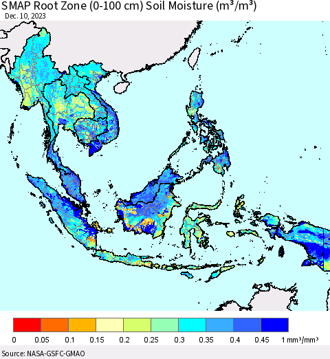 South East Asia SMAP Root Zone (0-100 cm) Soil Moisture (m³/m³) Thematic Map For 12/6/2023 - 12/10/2023