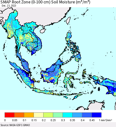 South East Asia SMAP Root Zone (0-100 cm) Soil Moisture (m³/m³) Thematic Map For 12/11/2023 - 12/15/2023