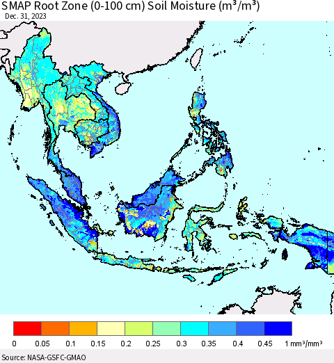 South East Asia SMAP Root Zone (0-100 cm) Soil Moisture (m³/m³) Thematic Map For 12/26/2023 - 12/31/2023