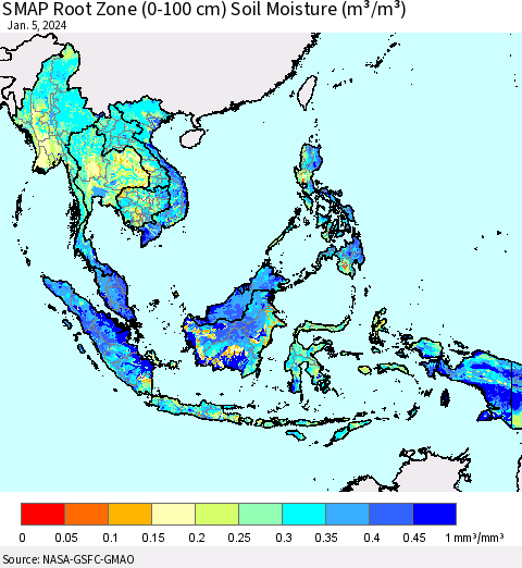 South East Asia SMAP Root Zone (0-100 cm) Soil Moisture (m³/m³) Thematic Map For 1/1/2024 - 1/5/2024